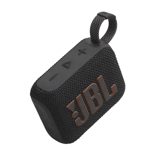 Top angled view of black Eco-Friendly BT Speaker GO4 with control buttons and loop strap, suitable for eco-friendly corporate gifting.