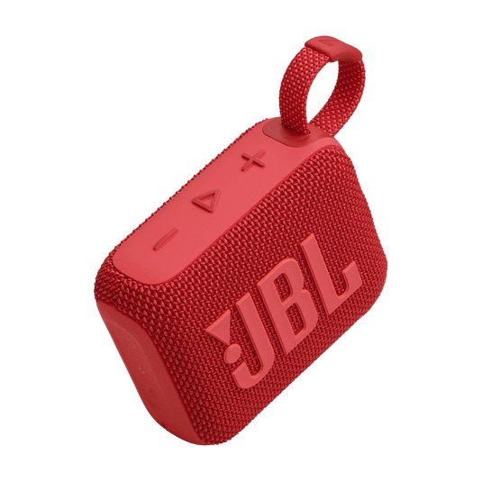 Top angled view of red Eco-Friendly BT Speaker GO4 with control buttons and loop strap, perfect for sustainable tech giveaways.