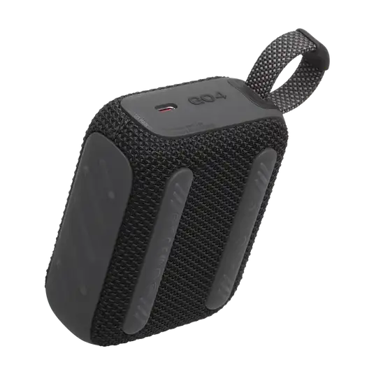 Rear angled view of black JBL GO4 Eco-Friendly BT Speaker with USB-C charging port, ideal for sustainable tech gifts in bulk.