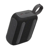 Rear angled view of black JBL GO4 Eco-Friendly BT Speaker with USB-C charging port, ideal for sustainable tech gifts in bulk.