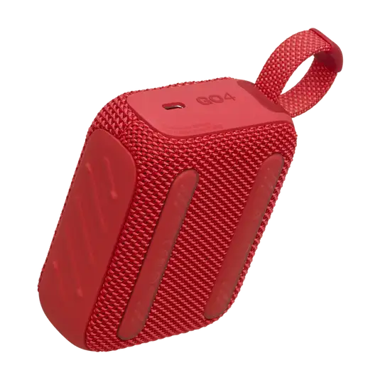 Rear angled view of red JBL GO4 Eco-Friendly BT Speaker with rubber grips, perfect for eco-friendly corporate gifts.