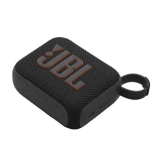 Flat angled view of black Eco-Friendly BT Speaker GO4 with JBL logo and compact design, perfect for client appreciation gifts.