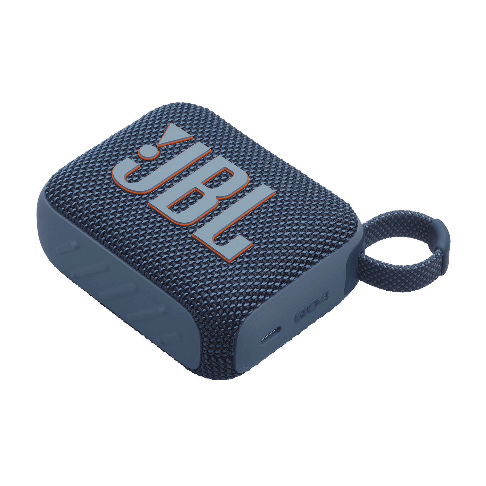 Angled view of blue JBL GO4 Eco-Friendly BT Speaker with compact design and bold branding, ideal for bulk tech giveaways.