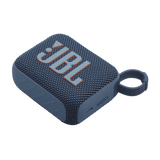 Angled view of blue JBL GO4 Eco-Friendly BT Speaker with compact design and bold branding, ideal for bulk tech giveaways.
