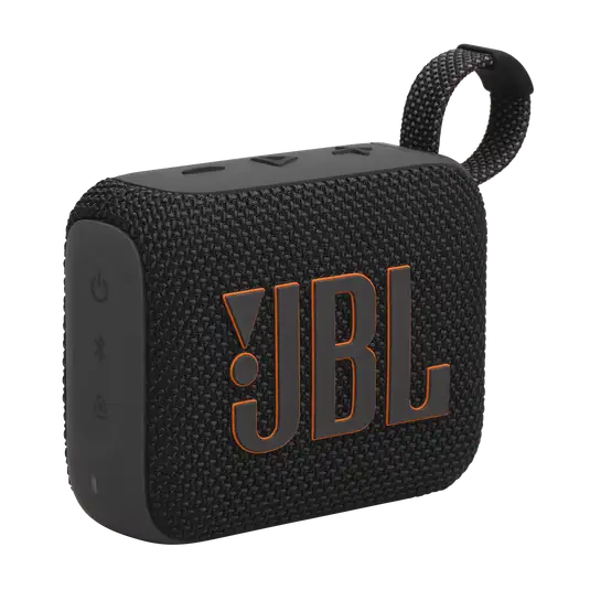 Side view of black JBL GO4 Eco-Friendly BT Speaker with power and Bluetooth buttons, great for eco-conscious corporate giveaways.
