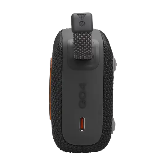 Close-up of charging port and strap on black Eco-Friendly BT Speaker GO4, designed for portability and sustainable gifting.