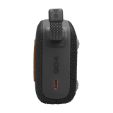 Close-up of charging port and strap on black Eco-Friendly BT Speaker GO4, designed for portability and sustainable gifting.