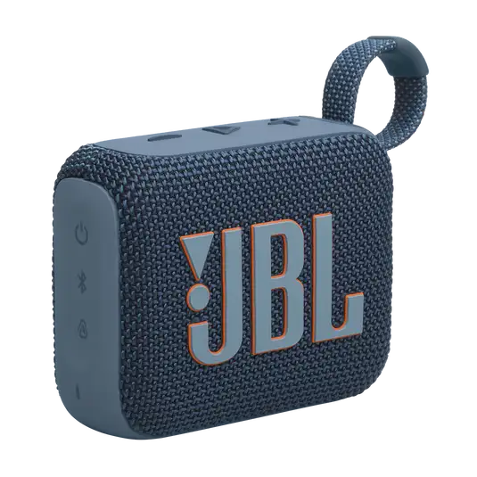 Angled view of blue JBL GO4 Eco-Friendly BT Speaker with control buttons and loop strap, perfect for employee appreciation gifts.