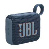 Angled view of blue JBL GO4 Eco-Friendly BT Speaker with control buttons and loop strap, perfect for employee appreciation gifts.