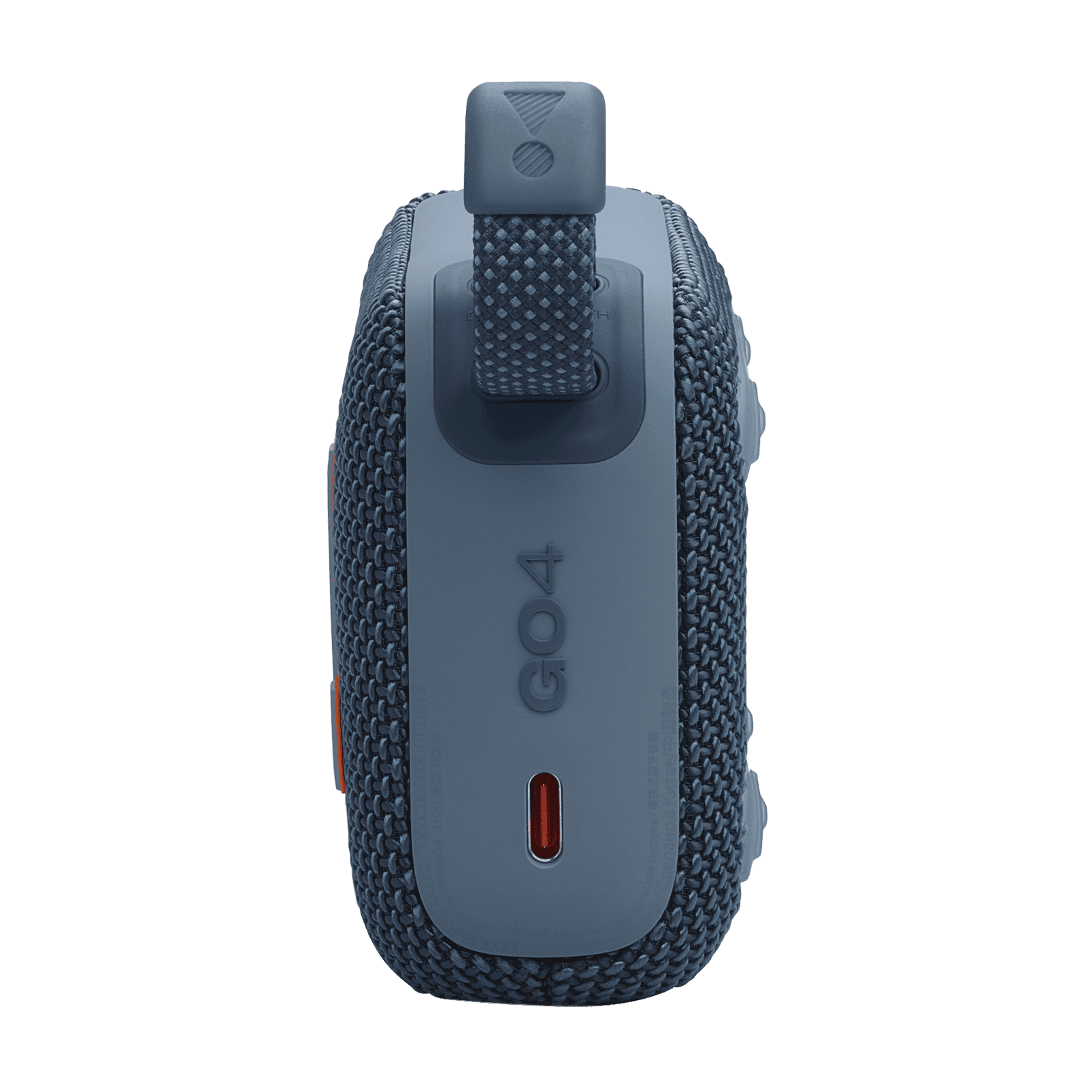 Side view of blue Eco-Friendly BT Speaker GO4 showing USB-C port and loop strap, great for sustainable corporate gifting.