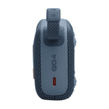 Side view of blue Eco-Friendly BT Speaker GO4 showing USB-C port and loop strap, great for sustainable corporate gifting.