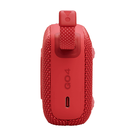Side view of red Eco-Friendly BT Speaker GO4 with USB-C port and strap, designed for portable and sustainable gifting.