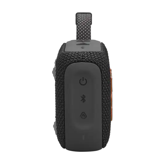 Side control panel of black JBL GO4 Eco-Friendly BT Speaker with power, Bluetooth, and pairing buttons, ideal for bulk tech gifts.