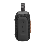 Side control panel of black JBL GO4 Eco-Friendly BT Speaker with power, Bluetooth, and pairing buttons, ideal for bulk tech gifts.