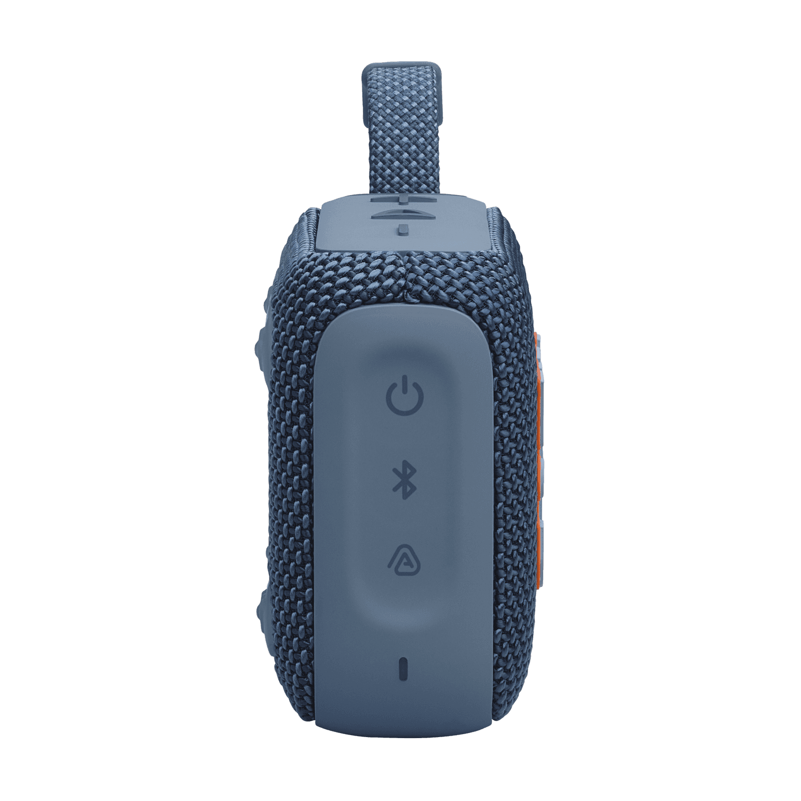 Side control panel of blue JBL GO4 Eco-Friendly BT Speaker with power and Bluetooth buttons, perfect for eco-friendly tech gifts.