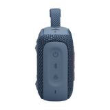 Side control panel of blue JBL GO4 Eco-Friendly BT Speaker with power and Bluetooth buttons, perfect for eco-friendly tech gifts.