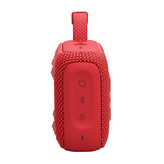 Side control panel of red JBL GO4 Eco-Friendly BT Speaker with power and Bluetooth buttons, ideal for bulk tech gifts.