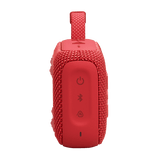 Side control panel of red JBL GO4 Eco-Friendly BT Speaker with power and Bluetooth buttons, ideal for bulk tech gifts.