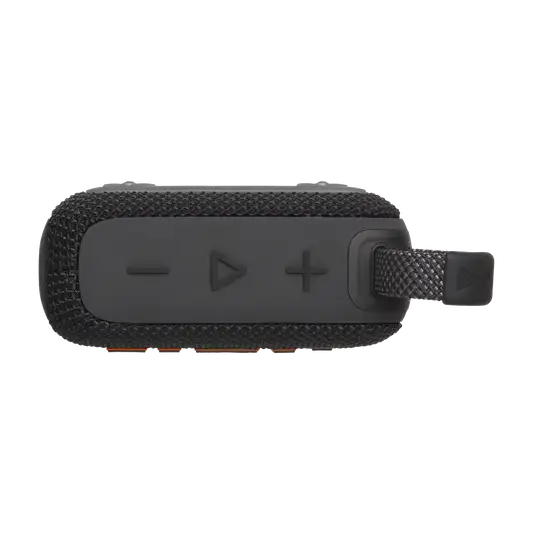 Top view of black Eco-Friendly BT Speaker GO4 showing volume and play buttons, perfect for eco-friendly promotional gifting.