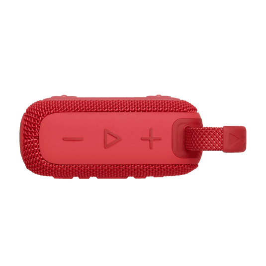 Top view of red Eco-Friendly BT Speaker GO4 showing volume and play buttons, great for eco-conscious corporate giveaways.