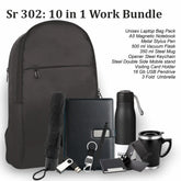10-in-1 work bundle with black backpack, notebook, and other items on a white background