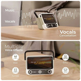 Vintage-style radio with digital display on a wooden surface, showing music, vocals, and voice effect options.