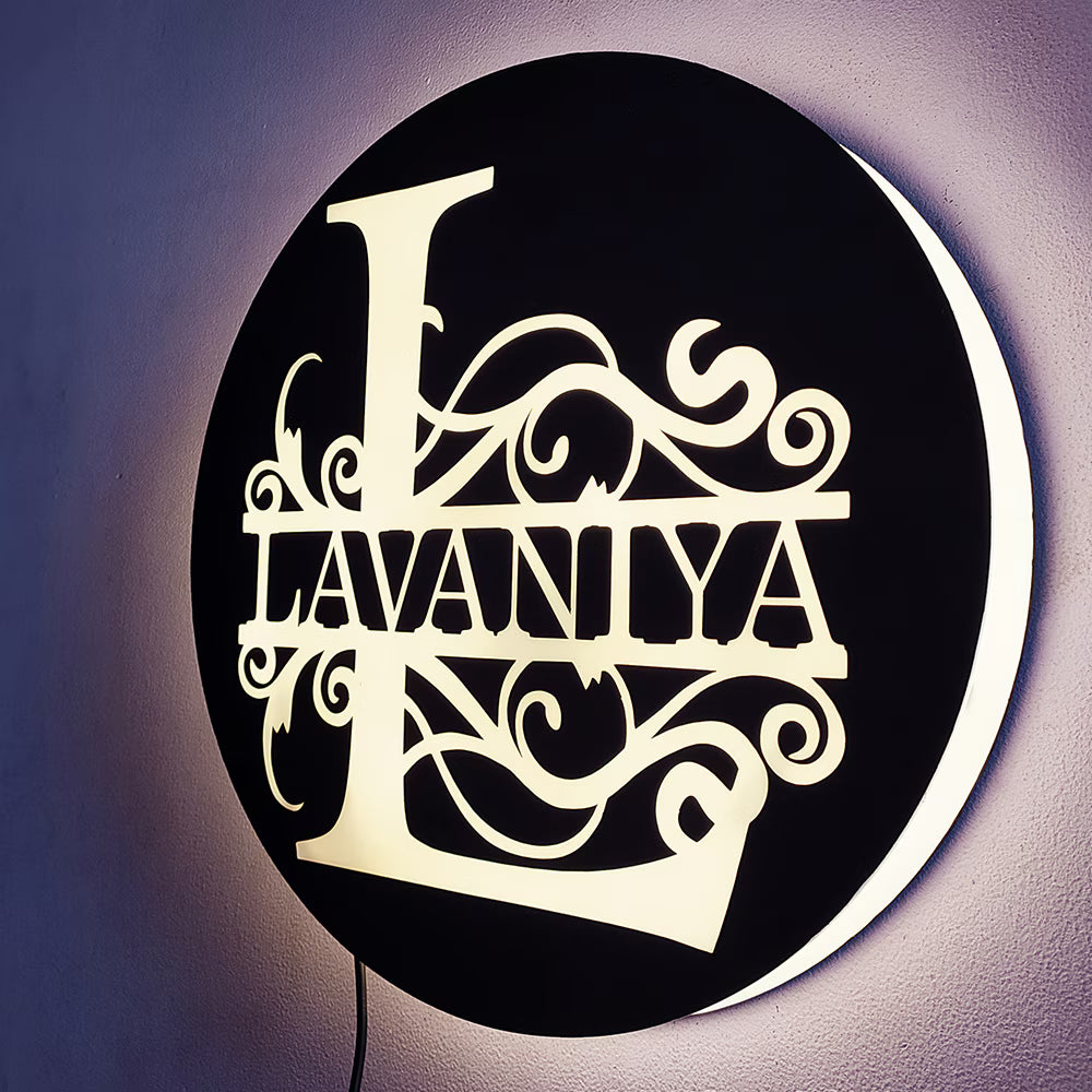 Side view of LED Custom Name Lamp - Personalized LED Decor with 'Lavaniya' illuminated in a stylish black round frame, perfect for ambient lighting.