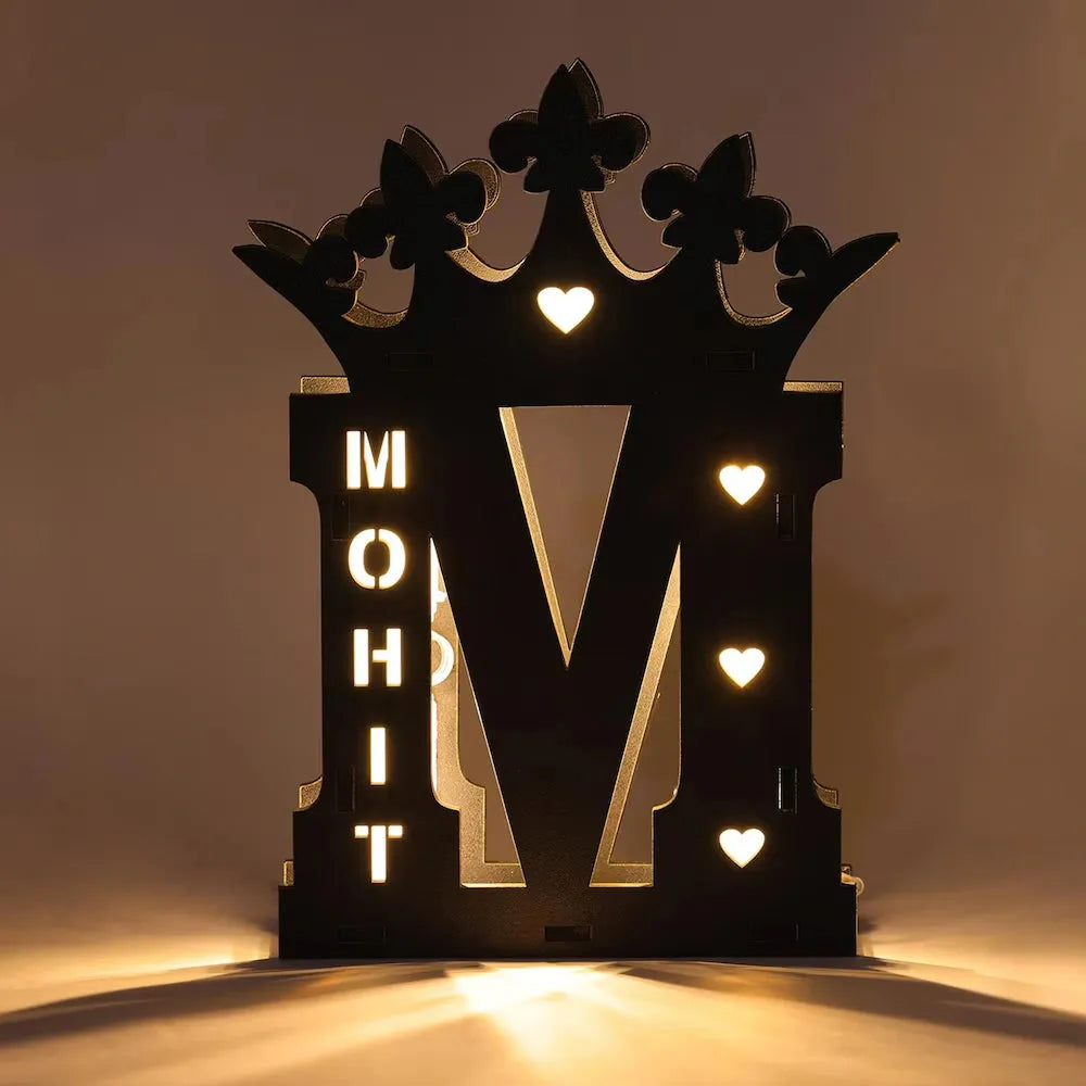 Customizable Engraved Name LED Wooden Lamp with soft lighting, eco-friendly build, and heart cutouts, ideal for personalized gifts.