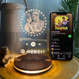 Engraved LED couple lamp gift with personalized photo and Spotify code, glowing warmly on a wooden base, ideal for romantic home décor.