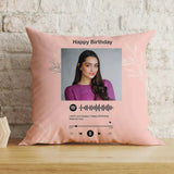 Spotify Birthday Cushion - Custom Gift | Square, 12x12 with personalized photo, song code, and Happy Birthday text on pink background.