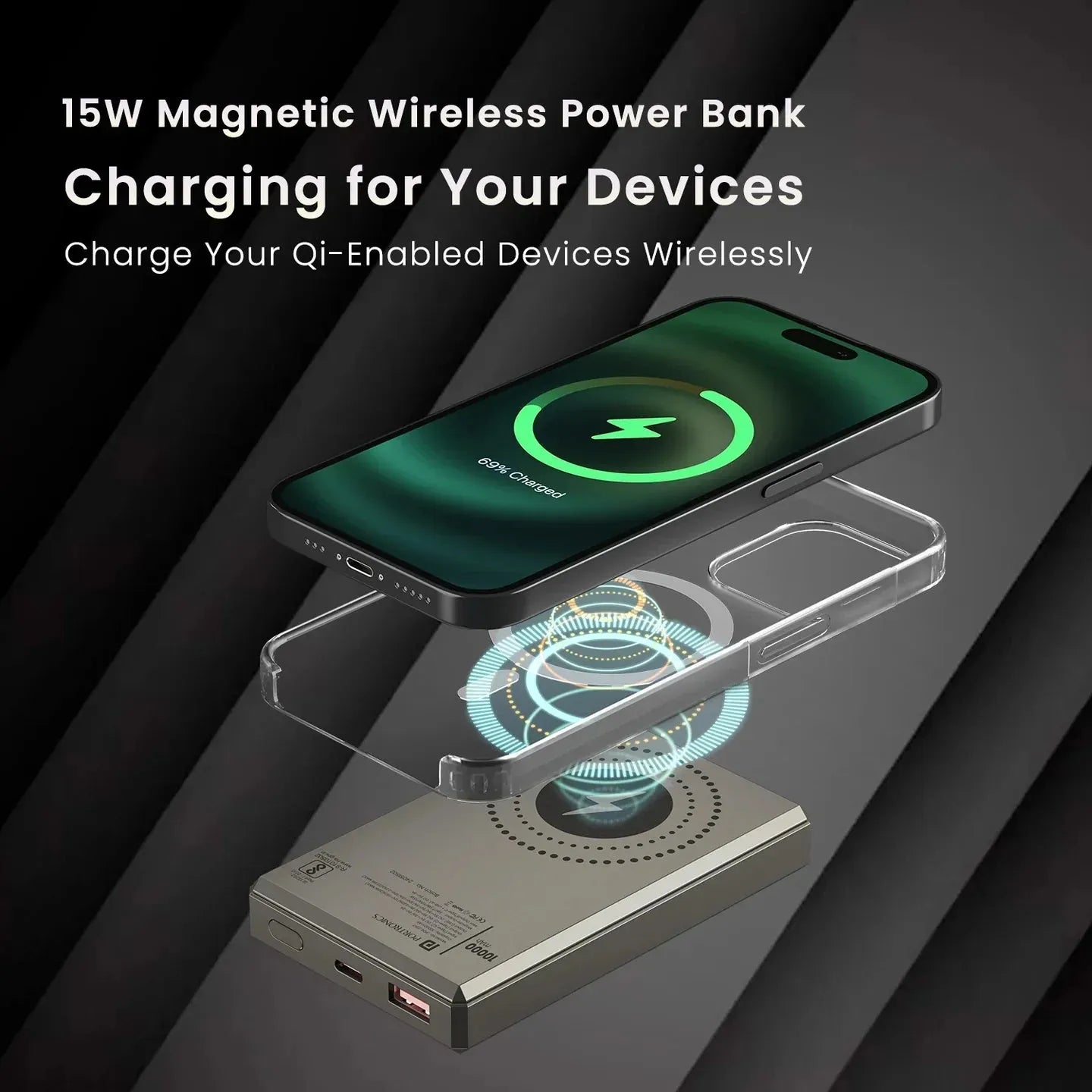 MagSafe wireless power bank with charging phone and transparent case