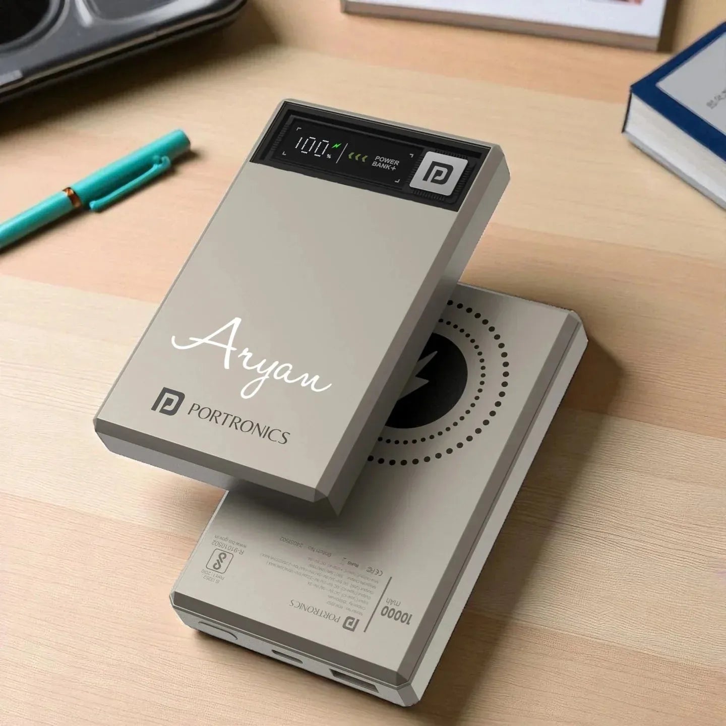 Custom gray portable power bank with digital display and personalized name
