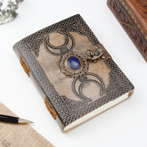 Vintage Leather Journal with Third Eye Crystal Stone and Triple Moon Design