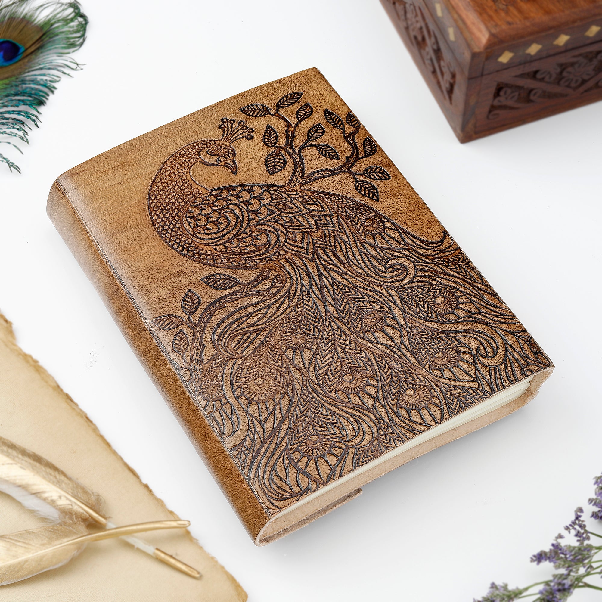 Peacock Elegance Brown Leather Diary with Locking System