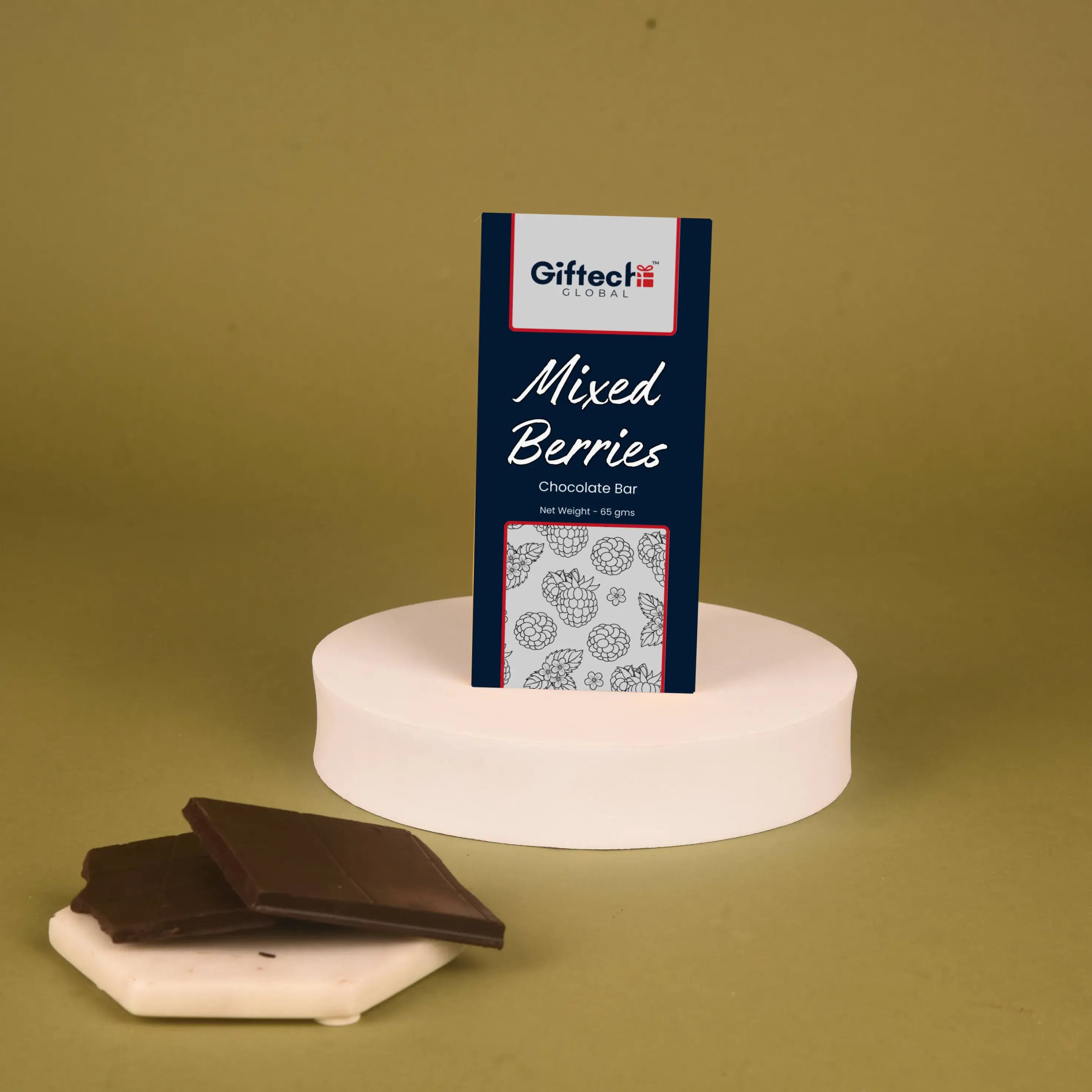 Mixed Berries Chocolate Bar 65g - Fruity Twist displayed upright with chocolate squares on a beige background. A gourmet chocolate treat with real berries.