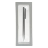 Silver pen in a clear display case on a white background