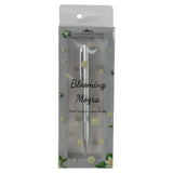 Silver pen in packaging with 'Blooming Mogra' branding on a white background