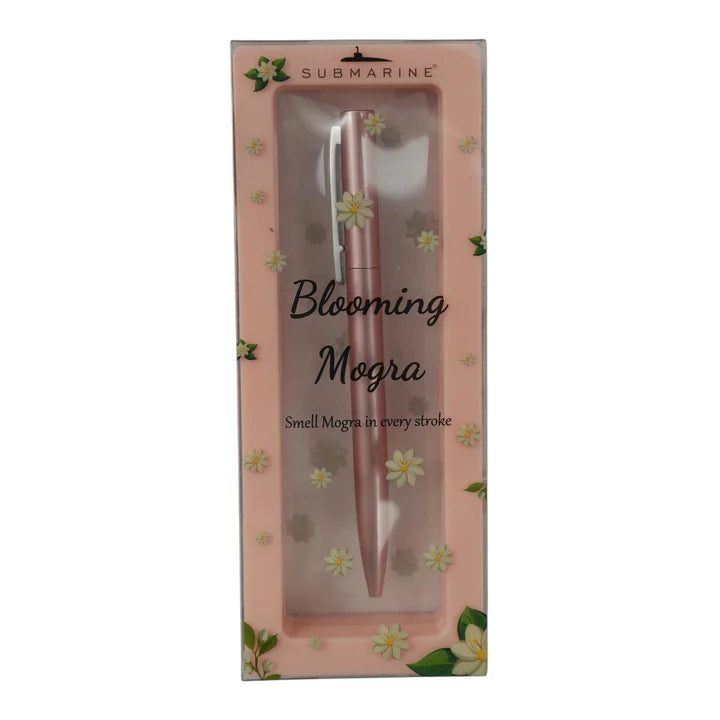 Pink pen in a decorative box with 'Blooming Mogra' branding on a white background