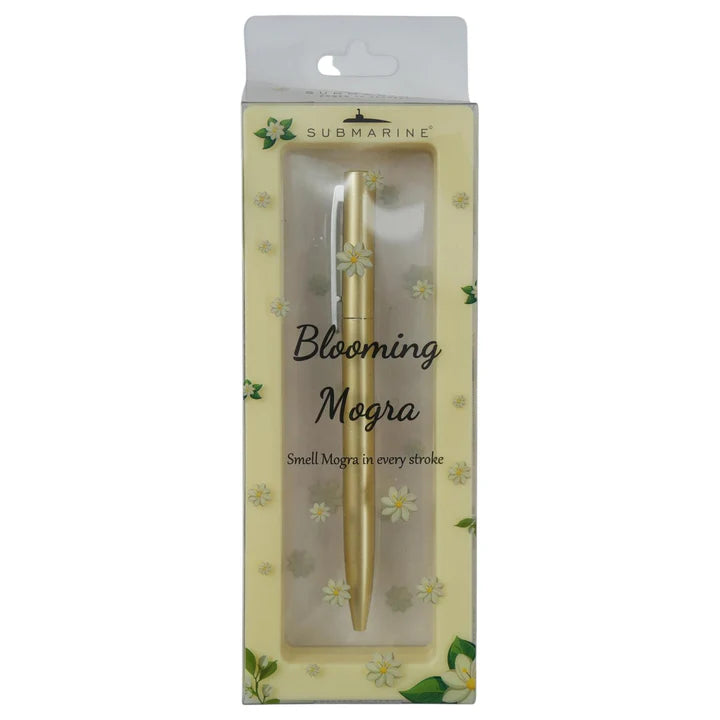Gold pen in packaging with 'Blooming Mogra' text on a white background