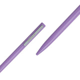 Purple pen with a visible brand logo on a white background