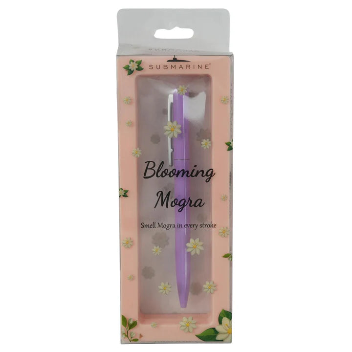 Purple pen in a decorative packaging with floral designs and 'Blooming Mogra' branding.