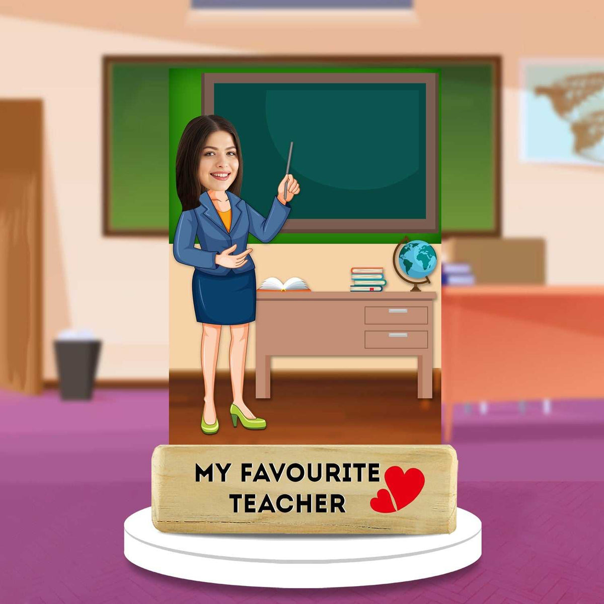 My Favorite Teacher Caricature figurine featuring a female teacher in front of a chalkboard, perfect personalized gift for Teacher Appreciation Day.