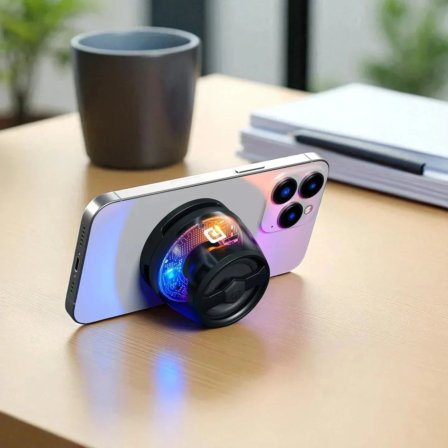 Smartphone with a camera lens cover on a desk next to a cup and laptop.