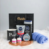 Grooming products including a towel, bottles, and containers on a textured surface with a 'Parth' branded bag.
