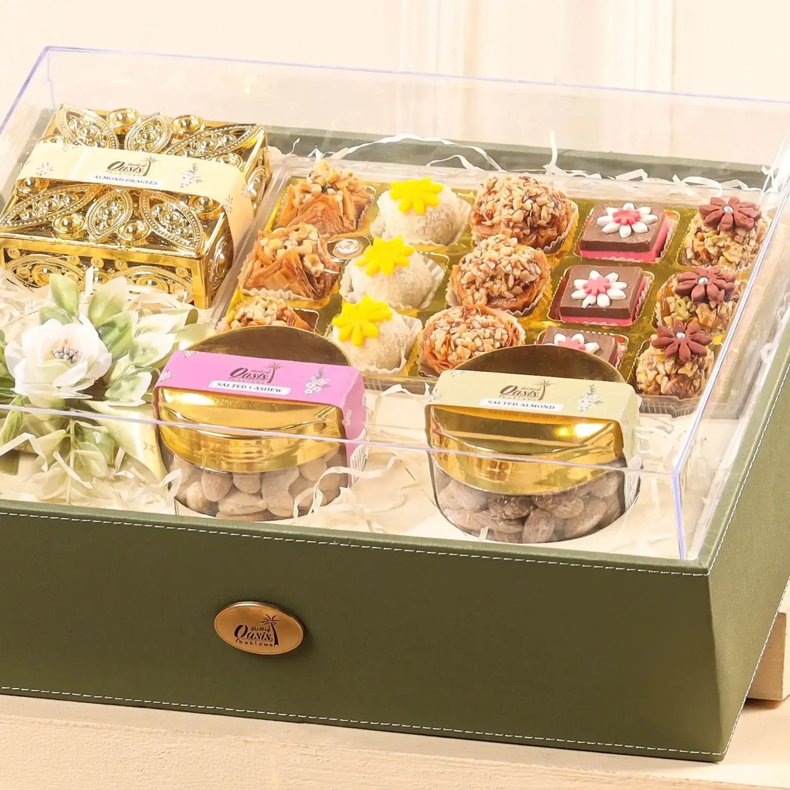 Close-up of the Handpicked Flavour Box | Gift Hampers Online showing premium sweets, dry fruits, and elegant packaging for festive occasions.