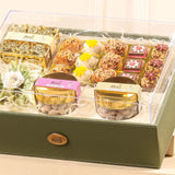 Close-up of the Handpicked Flavour Box | Gift Hampers Online showing premium sweets, dry fruits, and elegant packaging for festive occasions.