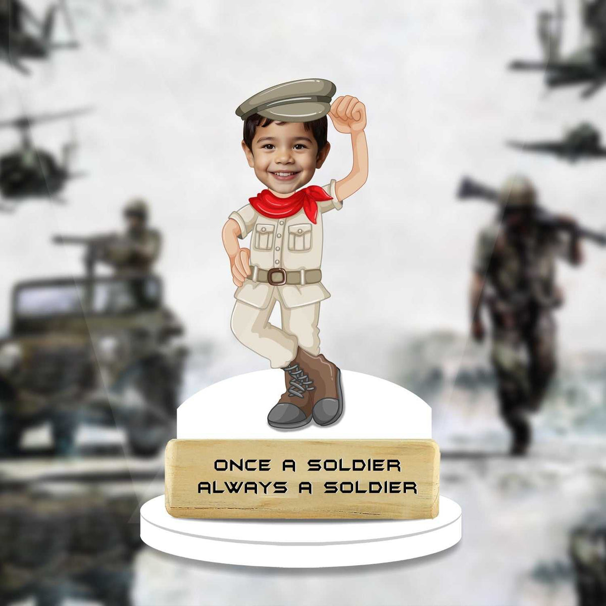 Soldier Caricature Tribute - Veterans showpiece featuring a smiling child in army uniform with 'Once a Soldier Always a Soldier' plaque. Ideal for patriotic home decor.