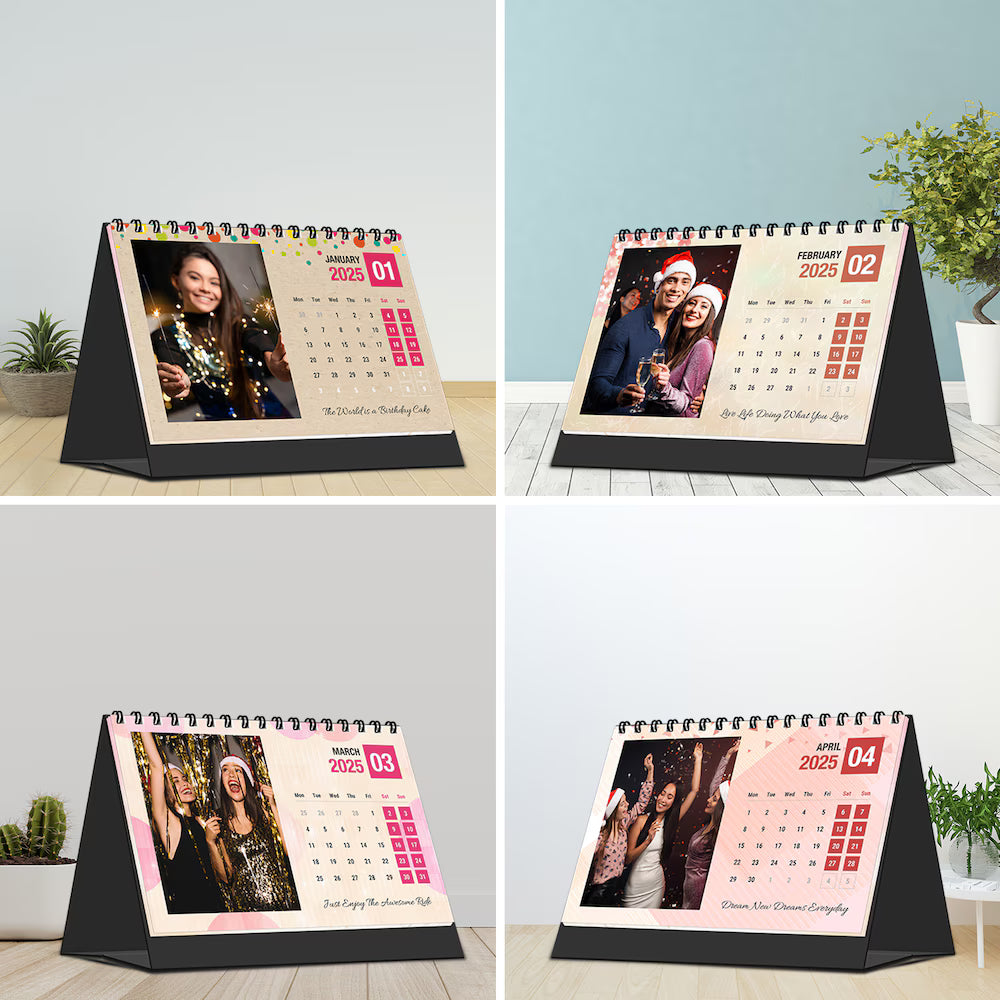 Quarterly view of Personalized Table Top Photo Calendar - Birthday Gift showing January to April 2025 with personalized photos.