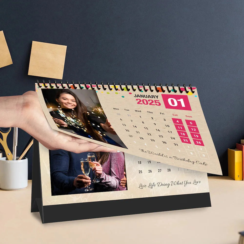 January 2025 page of Personalized Table Top Photo Calendar - Birthday Gift featuring custom photos and inspirational quotes.