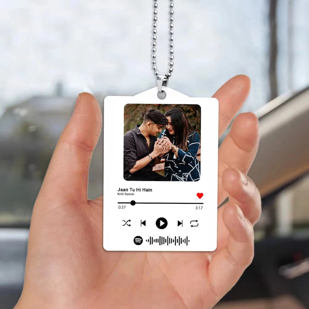 Hand holding Personalised Car Keepsake 2x4 Inches MDF featuring custom photo and Spotify code, perfect for gifting and car decoration.